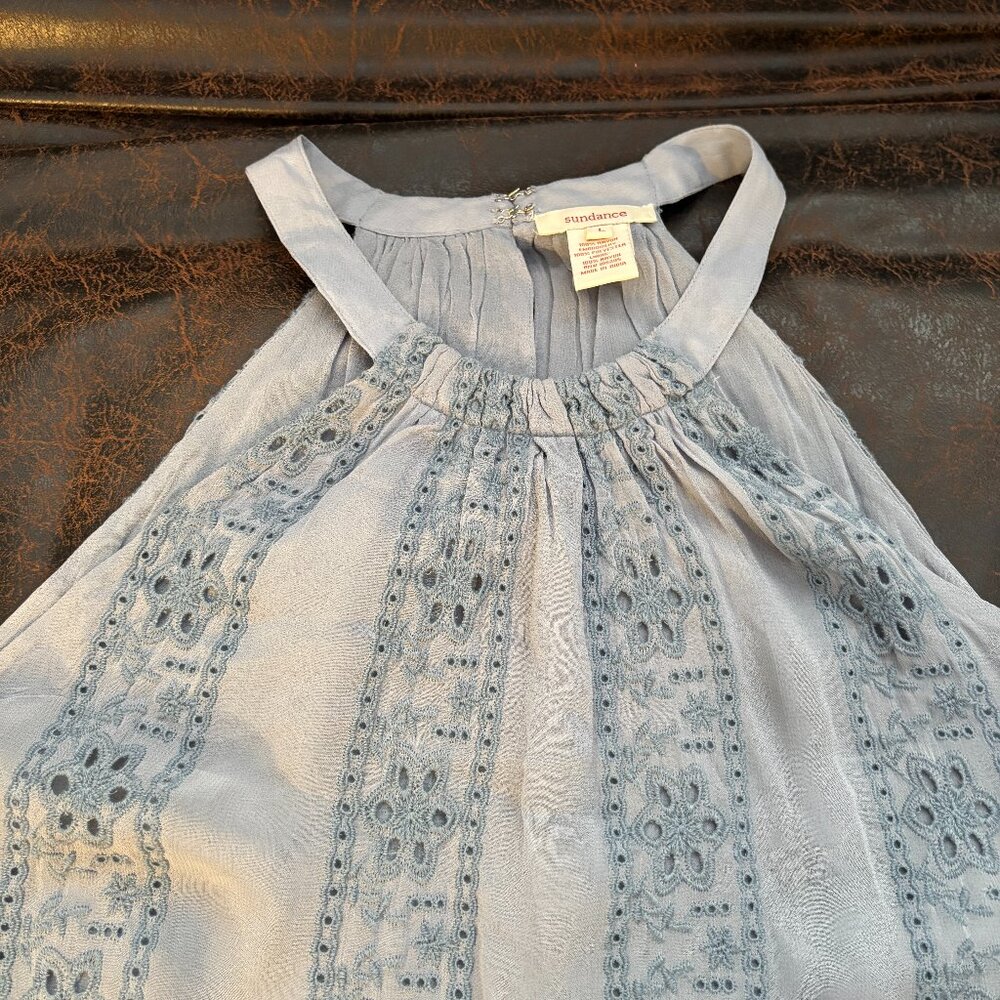 Sundance lined dusty blue lace inset halter neck dress